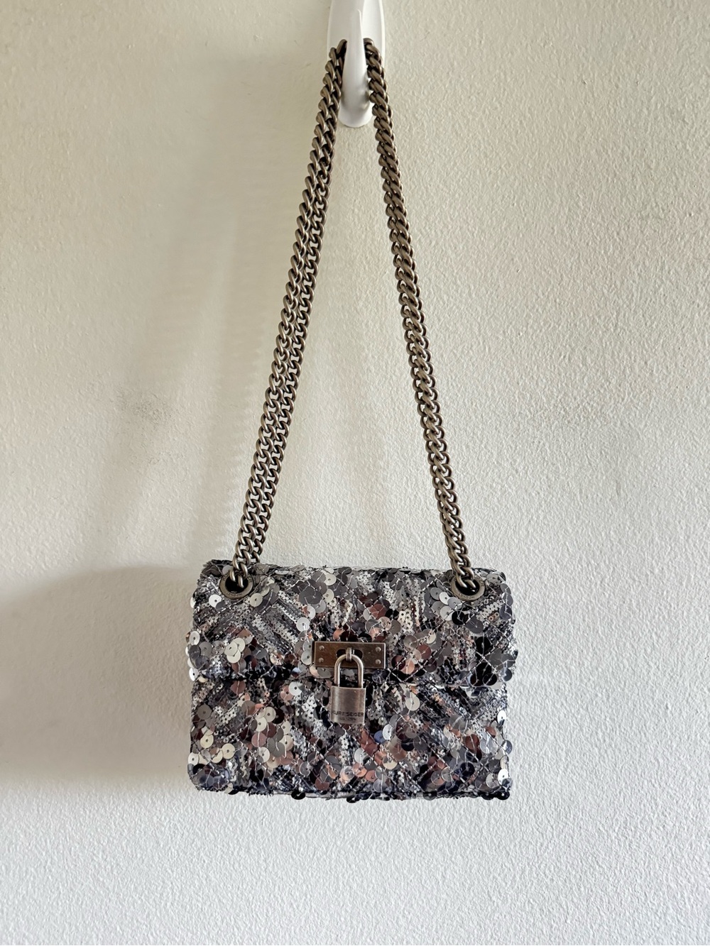 Kurt Geiger London Silver Sequin Chain Brixton Convertible Shoulder Bag